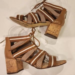 NINE WEST "GHOBIA" Light Brown and White Canvas Lace up Sandals SIZE 7M